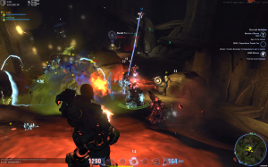 Players collaborate on the fly to tackle group missions. There is no mob tagging in Firefall. You hit with a single bullet, you get the XP and the loots.